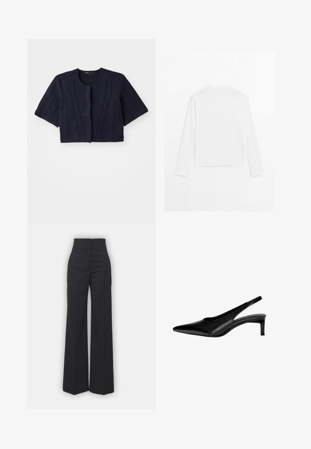 Marineblauer, verkürzter Cardigan aus Strickstoff. Mit kurzen Ärmeln, rundem Halsausschnitt und strukturierten Details an der Vorderseite.; Schlichtes weißes Langarmshirt mit Rundhalsausschnitt, von hinten gezeigt, flach auf einem weißen Hintergrund ausgelegt.; Weite Hosen aus schwarzem Stoff mit hohem Bund, die eine saubere Verarbeitung und glatte Textur aufweisen. Keine sichtbaren Beschläge oder Muster.; Schwarze Leder-Slingback-Schuh mit spitzer Zehe, niedrigem Absatz und Ausschnitt-Design an den Seiten. Glatte Textur mit schlanker Optik.