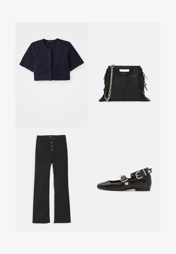 Marineblå kort cardigan laget av strikket stoff. Har korte ermer, rund hals og teksturert detaljering langs fronten.; Marineblå ribbestrikket polo skjorte med spiss krage, korte ermer og to frontlommer med trykknapper; fremhevet med hvite søm detaljer.; Svarte denim jeans med utsvingt ben, høy midje, fem lommedesign og frontlukking med fire metallknapper.; Sorte lakkderflat sko med firkantet tå, ankelstropp med sølvfarge detaljer, og flat såle. Glatt tekstur med minimalistisk design.; Svart læderhåndtaske med frynsedetaljer, guldkæde skulderrem og udskåret håndtag. Har logo placeret på forsiden.