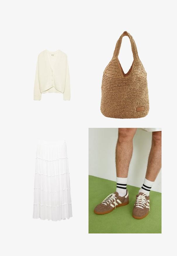 Bjela izrezana kardiganica, pletena tekstura, V-izrez, pet dugmadi sprijeda, rebraste naglaske na rukavima i rubu. Mekani materijal, ležeran dizajn.; Bijela pamučna majica bez rukava s izrezom u obliku slova U, tijesnog kroja. Glatka tekstura, jednostavan dizajn i minimalni detalji šivanja.; Bijela suknja s naborima izrađena od laganog materijala, s rastezljivim pojasom, naboranim slojevima i lepršavim dizajnom koji seže do sredine lista.; Smeđe nubuk tenisice s bijelim detaljima i vezicama. Gumeni potplat. Nosene s bijelim čarapama s crnim prugama. Zeleno teksturirano pod.; Tkanička torba od trske s opuštenim oblikom, smeđe nijanse, V-oblikovanim otvorom i kožnom oznakom na dnu. Mekana tekstura.