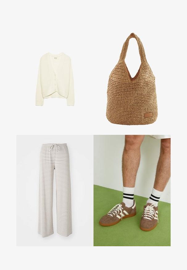 Cardigan corto bianco, texture lavorata a maglia, scollo a V, chiusura frontale con cinque bottoni, accenti a coste su polsini e orlo. Tessuto morbido, design casual.; Maglietta bianca a maniche lunghe con scollatura rotonda. Presenta un design aderente, una texture di tessuto liscia e un orlo leggermente accorciato.; Pantaloni a gamba larga in tessuto leggero, con righe orizzontali beige e bianche. Vita elastica con chiusura a cordoncino.; Sneaker in suede marrone con dettagli e lacci bianchi. Suola in gomma color gomma. Indossati con calzini bianchi con righe nere. Pavimento verde texturizzato.; Borsa in paglia intrecciata dalla forma morbida, colore beige, apertura a forma di V e un'etichetta in pelle nella parte inferiore. Texture morbida.