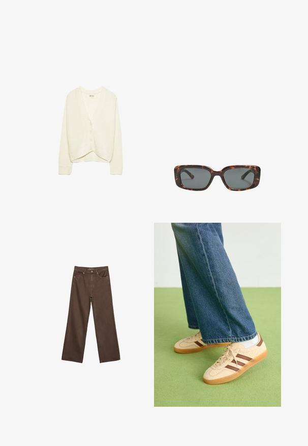 Bjela izrezana kardiganica, pletena tekstura, V-izrez, pet dugmadi sprijeda, rebraste naglaske na rukavima i rubu. Mekani materijal, ležeran dizajn.; Smeđi kratki rukav majica od mekog materijala, s okruglim izrezom i opuštenim krojem. Nema vidljivih uzoraka ili naglasaka.; Proširene smeđe traperice od denima, s visokim strukom, prednjim džepovima i klasičnom kopčom na dugme. Glatka tekstura s suptilnim šavovima.; Bež tenisice s teksturiranim kremastim panelima i smeškim prugama, u kombinaciji s plavim trapericama. Traperice imaju široke nogavice i poderane rubove.; Smešane sunčane naočale s pravokutnim lećama, debelim okvirom i tamnim lećama. Glatka tekstura i minimalistički dizajn.
