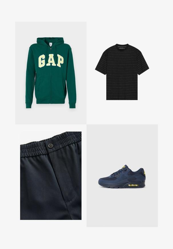 Zeleni dukserica s patentnim zatvaračem od pamuka, s kengurudžepom, kapuljačom s vezicom i velikim žutim i bijelim natpisom "GAP" sprijeda.; Crna majica kratkih rukava s tankim bijelim horizontalnim prugama. Izrađena od mekanog materijala s okruglim izrezom i opuštenim krojem.; Mornarica plava, lagana tkanina s glatkom teksturom. Sadrži elastičnu struk s kopčom na gumb i jednu bočnu torbicu.; Tamno plavi Nike Air Max tenisice s gornjim dijelom od antilopa i mrežice, s žutim akcentima, vezanjem sprijeda i vidljivim zračnim jastučićima u potplatu.