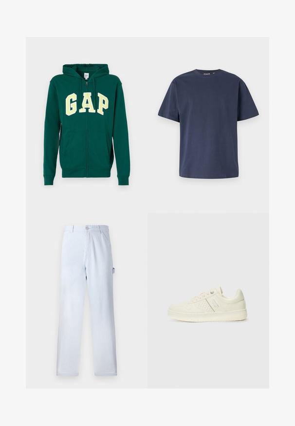 Sweatshirt verde com fecho éclair, feito de algodão, apresentando um bolso canguru, capuz com cordão e letras grandes em amarelo e branco "GAP" na frente.; T-shirt de algodão azul-marinho com gola redonda e mangas curtas. Textura suave, corte reto e costuras mínimas, proporcionando um design clássico.; Calças listradas em azul claro, feitas de algodão. Design de perna reta, com fecho frontal por botão e bolsos laterais. Textura suave.; Sapatilha de cor creme com detalhes perfurados, atacadores e logotipo na lateral, apresentada contra um fundo branco liso.