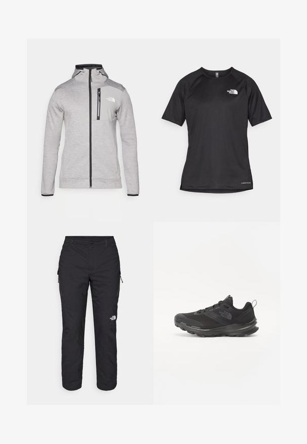The North Face MOUNTAIN ATHLETICS FULL ZIP  - Sweatjakke - pale grey heather/meld grey; Svart kortermet treningstrøye med strukturert stoff, med en hvit logo på venstre bryst og rett kant.; The North Face WINTER EXPLORATION TAPERED CARGO  - Friluftsbukser - black; Svart treningssko med mesh-overdel, gummiyttersåle og polstret krage. Har snører, logo på siden og et teksturert design.