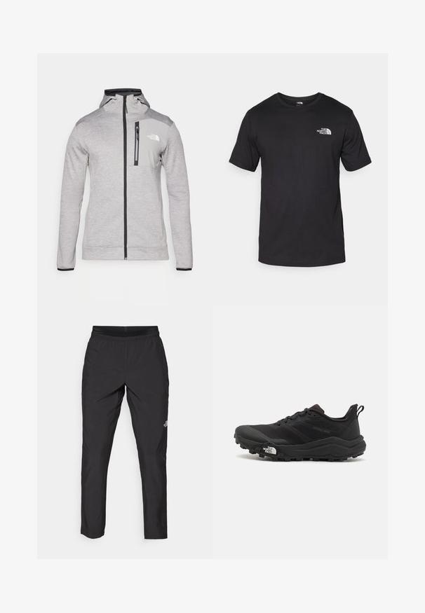 The North Face MOUNTAIN ATHLETICS FULL ZIP JACKET - Flísová bunda - pale grey heather/meld grey; Čierne tričko s krátkym rukávom vyrobené z bavlny, s okrúhlym výstrihom a malým bielym logom na hornej ľavej strane hrude.; Čierne športové nohavice s elastickým pásom, vyrobené z ľahkého materiálu, s malým logom na dolnej časti nohy a rovnými nohavicami.; Čierne trailové behacie topánky s štruktúrovaným zvrškom, gumovou podrážkou a vystuženou špičkou. Obsahuje polstrovaný golier a úchyt na jednoduché obúvanie.