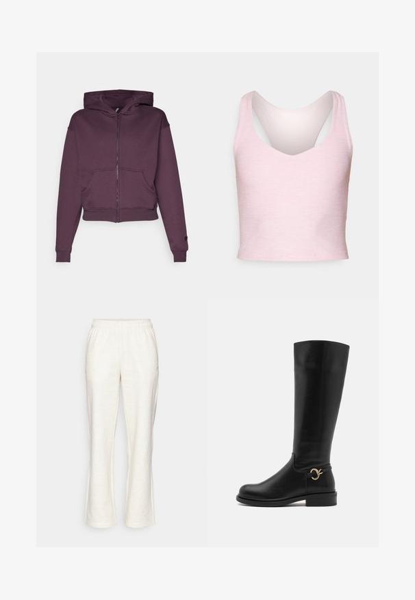 Fabletics COZY FULL ZIP HOODIE - Jaka ar rāvējslēdzēju - deep plum; Gaiši rozā bez piedurknēm, īsas topa versijas, izgatavots no mīksta materiāla, ar V veida dekoltē un sacensību aizmuguri, ar gludu tekstūru.; Gai kievgādas treniņbikses ar elastīgu jostu, platiem kājiem un nemanāmu logo kreisajā priekšā. Izgatavotas no mīksta, teksturēta auduma.; Anna Field Wide Fit Zābaki - black