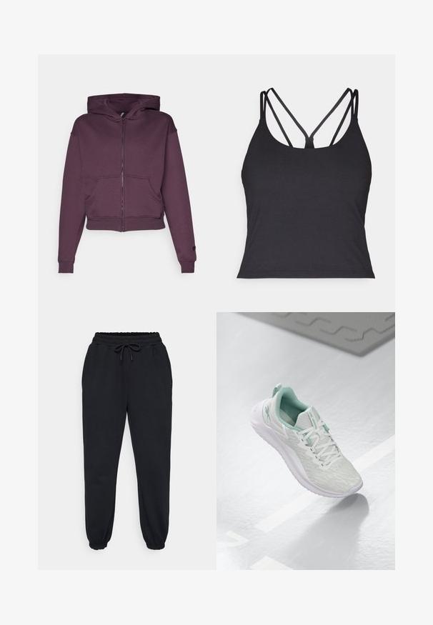 Fabletics COZY FULL ZIP HOODIE - Sweatjakke - deep plum; Svart tank topp med tynne stropper og et kryssdesign på baksiden. Laget av mykt, elastisk materiale med en tettsittende silhuett.; Sorte joggebukser laget av myk stoff, med elastisk midjebånd med snøring, sidelommene og elastiske mansjetter ved anklene.; Lys grå idrettssko med en teksturert strikket overdel, mintgrønne detaljer, hvite snøringer, gummisåle og en løftestropp på hælen.