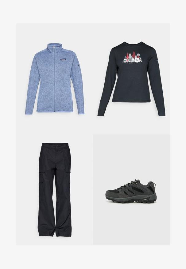Svetle modrá fleecová bunda s vysokým límcem, plným zipem vpředu, kontrastním zipem a malým logem na hrudi. Měkká textura a přiléhavý střih.; Tmavě šedá dlouhá košile s grafikou červených stromů a hor; logo "COLUMBIA" v tučném bílém písmu. Měkká tkanina, standardní kulatý výstřih.; Columbia BREA FALLS™ COTTON RIPSTOP PANT - Outdoorové kalhoty - black; Columbia REDMOND - Trekingové boty - black/citron haze