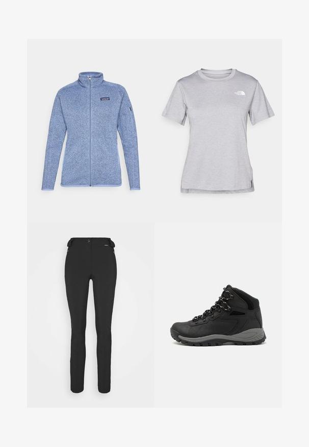 Šviesiai mėlyna fliso striukė su aukštu apykakle, pilnu užtrauktuku, kontrastingu užtrauktuku ir mažu logotipu ant krūtinės. Minkšta tekstūra ir prigludęs dizainas.; Pilkas trumpomis rankovėmis marškinėliai, pagaminti iš minkštos, drėgmę sugeriančios medžiagos. Turi apvalią iškirptę ir mažą baltą logotipą viršutiniame kairiajame kampe.; Juodos, prigludusios kelnės, pagamintos iš lankstaus medžiagos. Ypatybės: šoninis kišenės užtrauktuku, suformuotos kelių sritys ir lygi tekstūra.; Juodas žygio botas su vidutinio aukščio dizainu, pasižymintis tekstūruota viršutine dalimi, pilkų akcentų ir patvaria guma padanga su sukibimo gumbais.