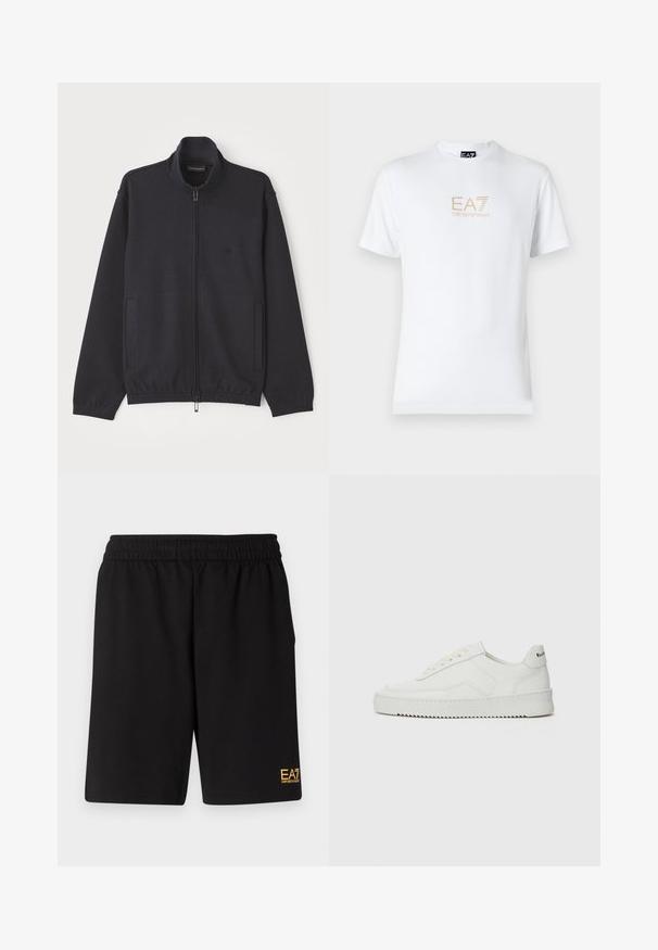 Zipped navy jacket made of textured fabric, featuring a stand collar, two side pockets, and a subtle logo on the chest.; White cotton t-shirt featuring a round neckline and short sleeves, with a gold EA7 Emporio Armani logo printed on the front.; Black athletic shorts made of soft fabric,Featuring an elastic waistband and a small yellow EA7 logo on the lower left leg.; White leather sneaker with a smooth finish, round toe, flat laces, and a textured sole. Features a subtle logo on the heel.