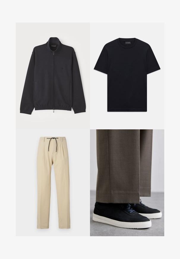 Giacca blu navy con zip realizzata in tessuto testurizzato, dotata di colletto alto, due tasche laterali e un sottile logo sul petto.; T-shirt nero a maniche corte con colletto a girocollo, dotato di un sottile motivo a rilievo al centro del petto e di un'etichetta di marca all'interno del colletto.; Pantaloni beige con una vestibilità dritta, dotati di una vita con cordoncino, frontale plissettato e texture liscia. Design semplice e versatile.; Sneakers in suede nera con suole in gomma bianca, dotati di punta tonda e lacci, indossati con pantaloni grigi su misura.