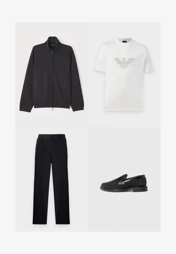 Zipped navy jacket made of textured fabric, featuring a stand collar, two side pockets, and a subtle logo on the chest.; White cotton t-shirt with short sleeves and a crew neckline. Features a central logo design in pink and brown shades.; Black trousers featuring a lightweight, textured fabric, straight-leg design, elastic waistband, and side zip pockets.; Black woven slip-on shoe with a smooth leather accent on the upper, a round toe design, and a low-profile rubber sole.