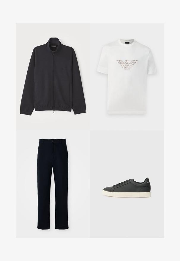 Navy jakna sa patentnim zatvaračem napravljena od teksturiranog materijala, s uzdignutim ovratnikom, dva bočna džepa i suptilnim logotipom na prsima.; Bijela pamučna majica s kratkim rukavima i okruglim izrezom. Sadrži središnji dizajn loga u ružičastim i smeškim nijansama.; Mornarsko plave hlače od pamuka, s ravnim krojem, prednjim kopčanjem na gumb i klasičnim pojasom s petljama za remen.; Crna kožna tenisica s niskim profilom, zaobljenim prstima i vezanjem; ima teksturiranu gumenu potplatu i detalj s logotipom na peti.