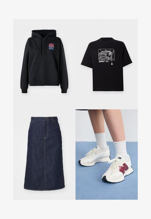 Manta preta com fecho éclair, feita de uma mistura de algodão. Apresenta um capuz, bolsos frontais e um design gráfico colorido no peito, representando uma chama e ondas.; T-shirt preta feita de algodão com mangas curtas. Apresenta uma gravação de teia de aranha branca e um logótipo na parte da frente. Possui um decote simples em forma redonda.; Saia de ganga escura de cintura alta, corte reto, com bolsos frontais e costuras aparadas. Apresenta um fecho de correr e botão na cintura.; Par de tênis brancos com detalhes em bordô, painéis texturizados, sola preta lisa e atacadores claros, usados com meias brancas até ao tornozelo.