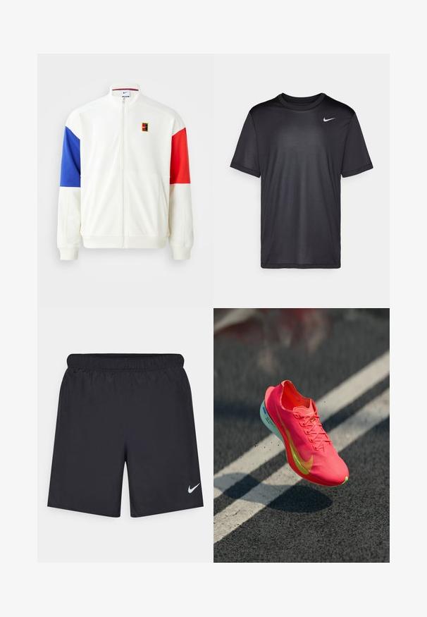 Hvit zip-up jakke med blå og rød fargeblokkerte ermer. Har en Nike-logo-patch og stående krage. Glatt stofftekstur.; Svart idretts-t-skjorte med korte ermer, rund hals, laget av glatt stoff. Har en liten hvit Nike-logo øverst til venstre.; Svart sportskjørt laget av lett materiale med elastisk linning. Har en liten hvit Nike-logo nederst til venstre.; Lyse rosa løpesko med teksturert overdel, gule detaljer og en lett såle, som viser en svak spretthandling fra en mørk overflate.