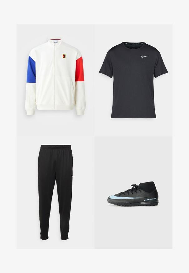 Vitt zip-up jacka med blå och röda färgblockerade ärmar. Har en Nike-logotyp påsydd och en ståkrage. Slät tygstruktur.; Svart Nike löpeshirt i lätt, andningsbart material, med korta ärmar och en liten vit logotyp på bröstet.; Svarta träningsbyxor i slät tyg, med elastisk midja, avsmalnande ben och en liten vit logotyp på vänster sida.; Svart sportskor med hög design, med en ljusblå accentrand och strukturerad sula för grepp. "AIR ZOOM"-varumärke synligt.