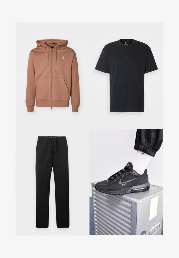 Sudadera con cremallera marrón, hecha de un tejido suave, que cuenta con un bolsillo tipo canguro, capucha ajustable con cordón y un logo blanco en el pecho.; Camiseta negra de algodón de Nike con un clásico cuello redondo, mangas cortas y un sutil logo en relieve en el pecho. Textura suave.; Pantalones deportivos negros de felpa, con una cinturilla elástica con cordones, dos bolsillos delanteros y un pequeño logo en el muslo.; Nike Sportswear PULSE - Zapatillas - black/anthracite