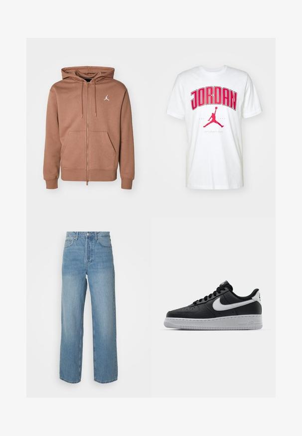 Smeđi dukserica s patentnim zatvaračem izrađena od mekanog materijala, s kenguruzim džepom, podesivom kapuljačom s vezicom i bijelim logotipom na prsima.; Bijela pamučna majica s masivnim crvenim natpisom "JORDAN" i crvenim Jumpman logom. Kratki rukavi i klasični dizajn s okruglim izrezom.; Svijetloplave traperice viskog struka s ravnim nogavicama, prednjim kopčanjem na gumbe i pet džepova na jednobrojnoj pozadini.; Crne kožne tenisice s teksturiranom površinom, bijeli Nike znak, sivi potplat, okrugli vrh i vezanje. Sadrže perforacije na području prstiju.