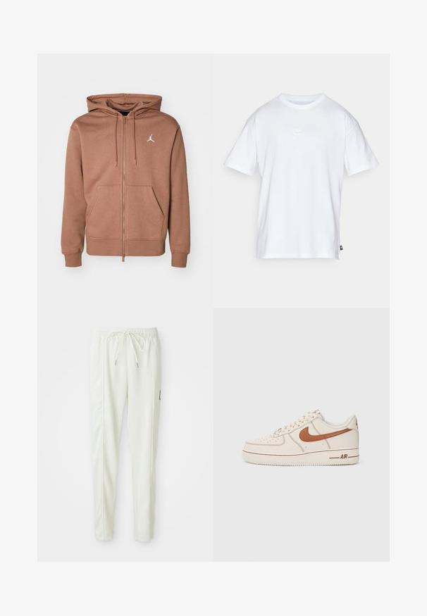 Hnědá mikina na zip vyrobená z měkké látky, vybavená klokankou, nastavitelnou kapucí na šňůrku a bílým logem na hrudi.; Bílý bavlněný tričko s krátkým rukávem a kulatým výstřihem. Na hrudi má malé, nenápadné logo Nike a boží štítek.; Bílé slim-fit jogger kalhoty s elastickým pasem a šňůrkou, s bočními švy a malou černou nášivkou na pravé noze.; Tenisky Nike Air Force 1 s krémovým koženým svrškem, hnědým logem a detaily prošití. Obsahují zaoblenou špičku a texturovanou gumovou podrážku.