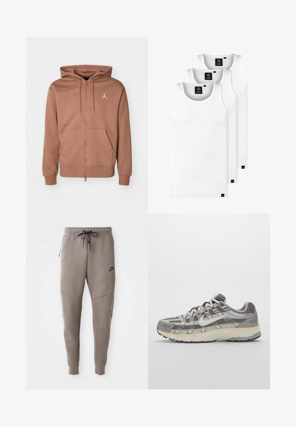 Casaco com fecho zip em castanho, feito de um tecido macio, com um bolso canguru, capuz ajustável com cordão e um logótipo branco no peito.; Três tops em algodão de alças brancas com nervuras. Apresentam um decote redondo e pequenas etiquetas pretas perto da bainha. Disponíveis em vários tamanhos.; Calças de treino cinzentas da Nike com um cós elástico ajustável, pernas ajustadas, bolsos laterais e pormenores de costura distintos. Tecido suave e texturizado.; Sapatilha atlética cinza com parte superior em malha e camurça, detalhes brancos, sola acolchoada e um design distinto com elementos refletivos.