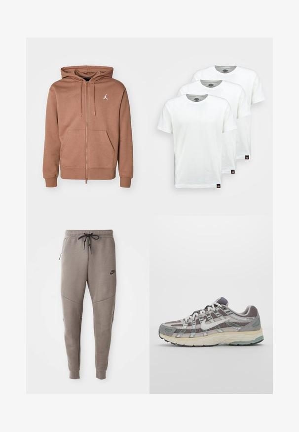 Brūns zipa jaku, kas izgatavota no mīkstas auduma, ar kengura kabatu, regulējamu kapuci ar aukliņu un balto logotipu uz krūšu.; Trīs vienkārši balti kokvilnas T-krekli ar īsām piedurknēm. Katram kreklam ir apaļa apkakle un mazs melns logo uzlīme kreisajā pusē.; Pelēki Nike sporta bikses ar aukliņu viduklī, sašaurinātiem galiem, sānu kabatām un izteiktām šuvēm. Mīksta, teksturēta auduma.; Pelēkie sporta apavi ar tīkla un zamša augšdaļu, baltiem akcentiem, mīkstinātu zoli un izcilu dizainu ar atstarotājiem.