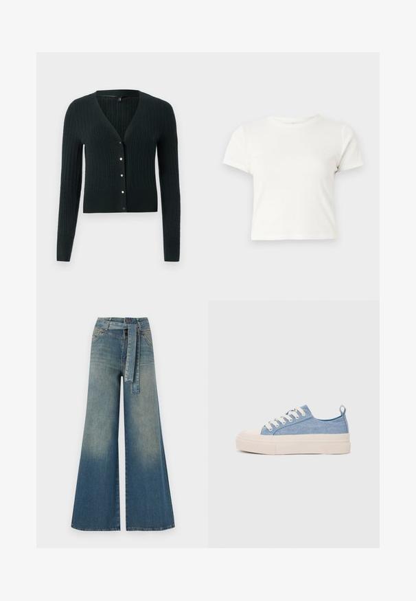 Tumši zaļš adīts kardigāns ar V veida kakla izgriezumu, garām piedurknēm un dekoratīvām pogām priekšā. Tam ir ribota tekstūra un pieguļošs dizains.; Īsa balta T-kreklā izgatavots no kokvilnas ar īsām piedurknēm, apaļu kakla izgriezumu un taisnu apakšu, piedāvā gludu tekstūru un minimālistisku dizainu.; Platām kājām džinsu bikses ar gaismas līdz tumši zilam gradientam, augstu jostas līniju, jostas cilpām un atbilstošu auduma jostu. Tekstūrēts džinsas apdare.; Gaiši zili kanvas sneakeri ar krēmkrāsas gumijas pirksta aizsargu un ārējo zoli, aprīkoti ar baltām šņorēm un cilpu uz papēža.