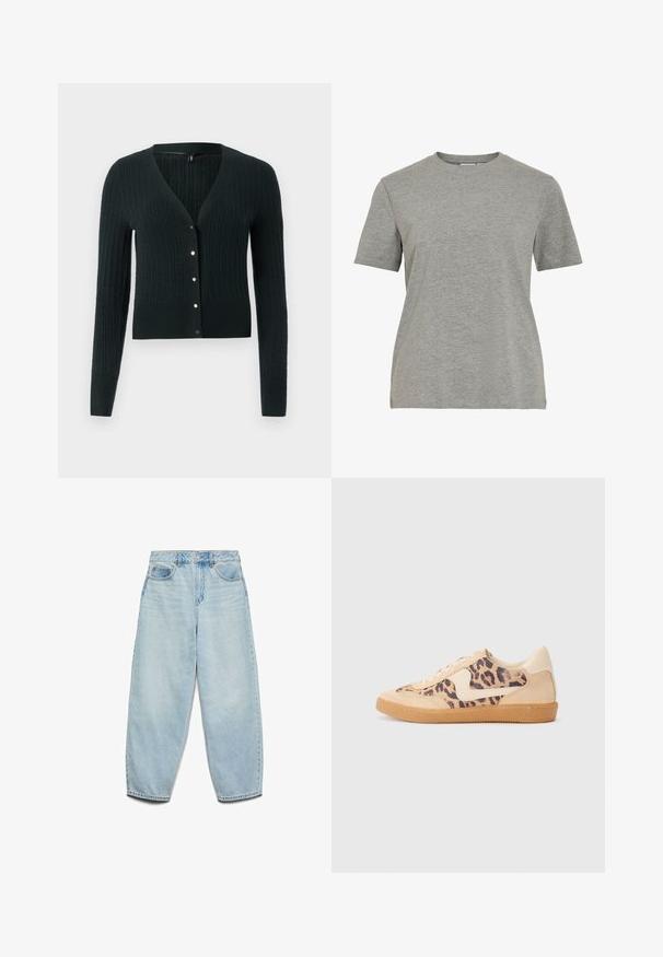 Tmavozelený pletený cardigan s výstrihom do V, dlhými rukávmi a dekoračnými gombíkmi vpredu. Obsahuje rebrovanú textúru a priliehavý strih.; Sivé bavlnené tričko s klasickým okrúhlym výstrihom, krátkymi rukávmi a hladkou textúrou, vhodné na bežné nosenie.; Svetlomodré denimové džínsy s voľným strihom, vysokým pásom a širokými nohavicami so slabým jemným opotrebením a klasickým dizajnom piatich vreciek.; Tenisky s leopardím vzorom, s béžovým semišovým zvrškom, svetlohnedou gumovou podrážkou a bielymi akcentmi. Okrúhla špička a šnurovací dizajn s textúrovaným povrchom.
