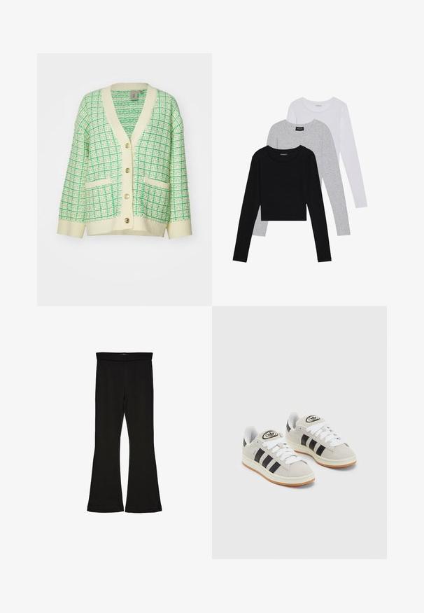 Grön och krämfärgad kofta med ett texturerat rutmönster, med V-ringning, fem gyllene knappar och två framfickor.; Tre långärmade tröjor staplade: svart, grå och vit. Var och en har en rund halsringning och en kort design med mjukt, lätt material.; Svarta flare leggings tillverkade av elastisk tyg. Har en bred midja och en slät yta, med en åtsittande silhuett som flares vid fållen.; Grå mocka sneakers med vita snören, svarta ränder och en vit gummisula. Har en rund logo på tungan och en gummisula.