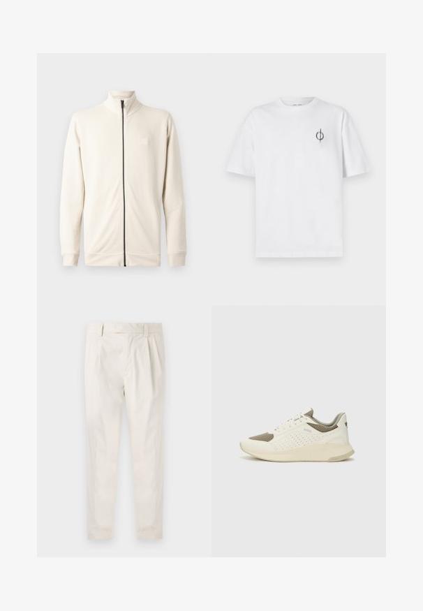 Svijetlosmeđa dukserica sa zipom, visokim ovratnikom, dugim rukavima i malim logom na prsima. Izrađena od mekog, teksturiranog materijala.; Bijela pamučna majica s opuštenim krojem, s malim crnim grafičkim logotipom na lijevoj prečki. Kratki rukavi, okrugli izrez.; Bijele, naborane hlače s krojem po mjeri, koje imaju glatku teksturu, petlje za pojas i sužene nogavice. Nema vidljivih džepova ili uzoraka.; Bijele i svijetlosmeđe sportske tenisice, sa mrežastim gornjim dijelom, perforiranim detaljima i teksturiranim međutrakom sa brendom na peti.