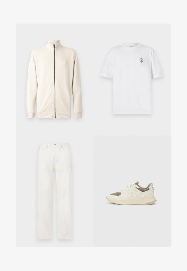 Világos bézs színű zipzáras kapucnis pulóver, magas nyakkal, hosszú ujjakkal és kis logóval a mellrészen. Puha, texturált anyagból készült.; Fehér pamut póló laza szabással, kis fekete grafikai logóval a bal mellen. Rövid ujjak, kerek nyakkivágás.; Fehér farmernadrág egyenes lábbal, gombos és cipzáras záródással, öt zsebes kialakítással, és látható minták vagy díszítések nélkül.; Fehér és világos bézs sportcipő, légies hálós felsőrésszel, perforált részletekkel és texturált középtalppal, amelyen a saroknál a márka logója található.