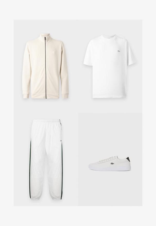 Gai bēšas krāsas jaka ar rāvējslēdzēju, augstu apkakli, garām piedurknēm un mazu logo uz krūtīm. Izgatavota no mīksta, struktūrēta materiāla.; Balts kokvilnas T-krekls arapa apaļu kaklu un īsām piedurknēm. Uz kreisā krūšu viena ir mazs melns Lacoste logo.; Baltas sporta bikses ar tumši zaļām sānu joslām. Viegls materiāls, elastīga josta un aproces apakšā. Satur acu auduma tekstūru sānu joslās.; Baltas ādas sporta apavu modelis ar noapaļotu purngalu, sasienamu priekšpusi un melnu papēža akcentu. Satur nelielu izšūtu krokodila logo sānos.