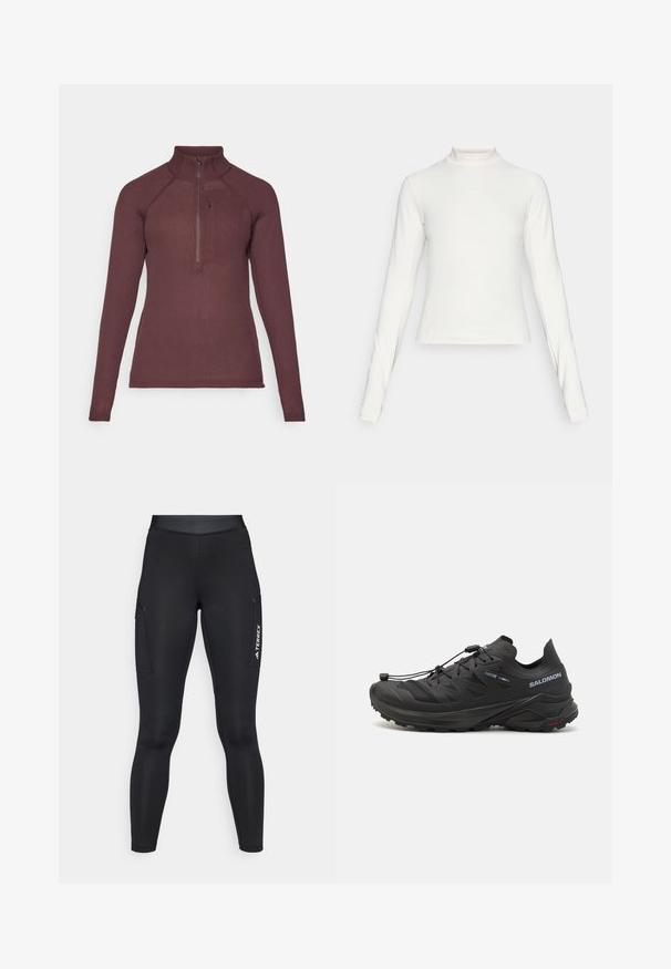 Burgunderfarget langermet topp med høy krage, halv glidelås foran, ribbestruktur og tett passform. Egnet for lagdeling i aktivt tøy.; Langermet hvit treningsgenser med høy hals og lite sentrert logo på brystet, vist på en enkel bakgrunn.; Sorte treningstights med et tettsittende design, laget av elastisk materiale. Har sidelommer og hvit "TERREX"-merke.; Svarte terrengløpesko med strukturert overdel, meshneder, og et sikkert festesystem. Har en robust såle for godt grep.