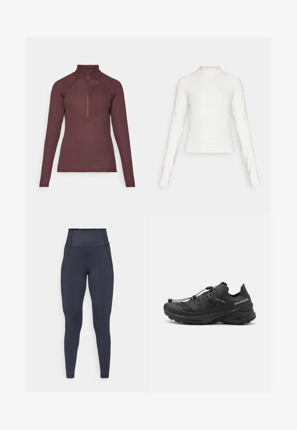 Burgundy long-sleeve top with a high collar, front half-zip, ribbed texture, and fitted design. Suitable for layering in activewear.; Long-sleeve white athletic top with mock neck and small centered logo on chest, displayed on a plain background.; High-waisted, dark gray full-length leggings with visible stitching and a smooth, stretchy fabric texture.; Black trail running shoes with a textured upper, mesh panels, and a secure fastening system. Features a rugged outsole for traction.
