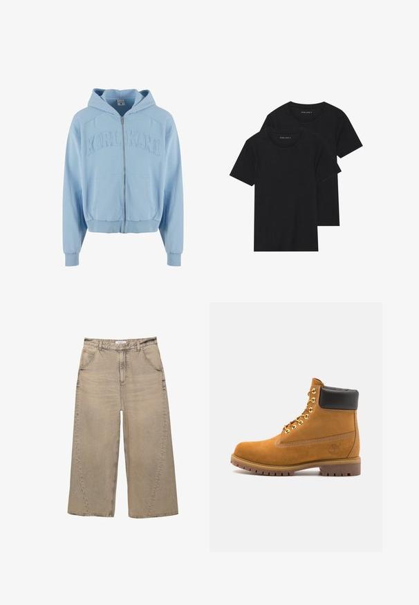 Světlomodrá mikina na zip vyrobená z měkké látky, s velkým vyšitým logem "KARL KANI" na hrudi, předními kapsami a žebrovanými manžetami.; Dvě černé bavlněné tričko s krátkým rukávem, kulatým výstřihem a hladkou texturou, vystavené naskládané k sobě.; PULL&BEAR MEGA BAGGY - Baggy džíny - light grey; Hnědé semišové kotníkové boty s černým polstrovaným límcem, zlatými kovovými očky, bílým prošíváním a odolnou gumovou podrážkou s výraznými drážkami.