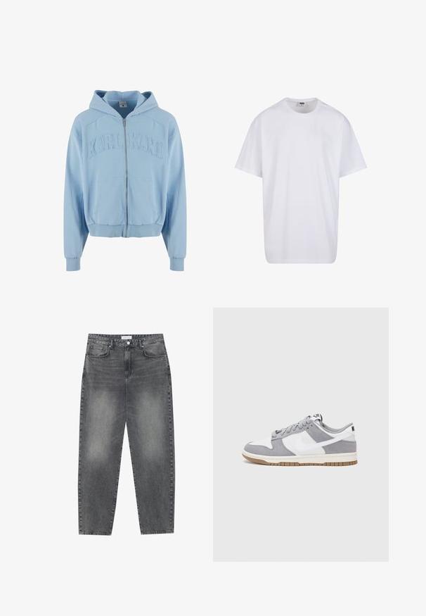 Sudadera con cremallera de color azul claro, hecha de una tela suave, que presenta un gran logo bordado de "KARL KANI" en el pecho, bolsillos frontales y puños de canalé.; Camiseta blanca de algodón con mangas cortas, cuello redondo, corte relajado y sin logotipos ni patrones visibles. Textura suave y diseño minimalista.; Jeans de cintura alta y corte holgado en denim negro desgastado. Con cinco bolsillos, pasadores para el cinturón y un diseño de pierna recta y limpia.; Zapatilla gris y blanca con parte superior de ante y cuero, puntera redondeada, cordones planos y suela de goma con un acento de goma.
