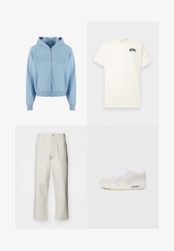 Svijetloplava zip majica s kapuljačom izrađena od mekanog materijala, s velikim izvezenim logotipom "KARL KANI" na grudima, prednjim džepovima i rebrastim rubovima.; Pamučni majica boje kreme s kratkim rukavima, na prsima ima natpis "NIKE SB" u crnoj i crvenoj boji. Standardni okrugli izrez.; Svijetlosmeđe široke hlače od pamuka. Imaju prednje džepove i kopčanje na dugme. Glatka tekstura s suptilnim vertikalnim linijama.; Tenisice s gornjim dijelom od svijetlosmeđeg sintetičkog materijala, bijelim vezicama i vidljivim jastučićima. Imaju glatki potplat i suptilne bočne akcentne detalje.