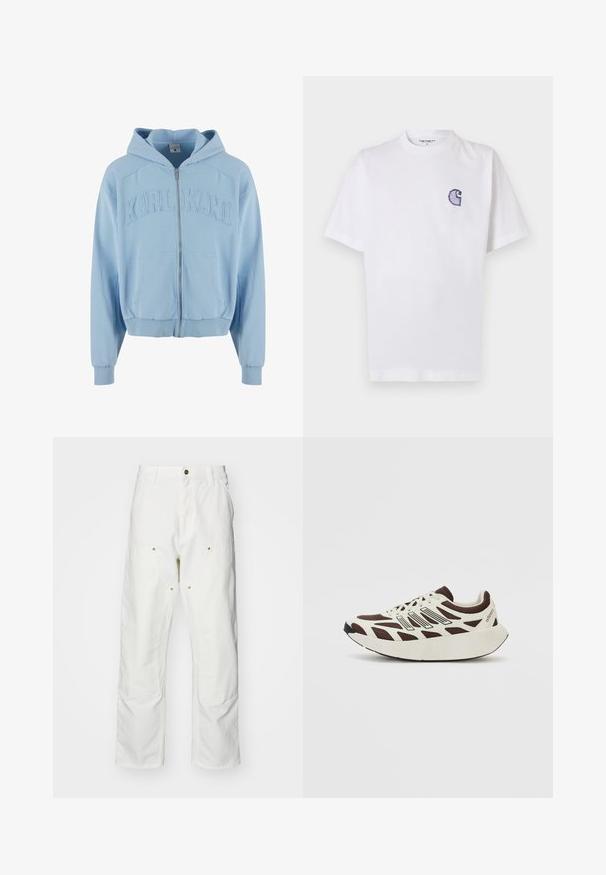 Svijetloplava zip majica s kapuljačom izrađena od mekanog materijala, s velikim izvezenim logotipom "KARL KANI" na grudima, prednjim džepovima i rebrastim rubovima.; Bijela pamučna majica kratkih rukava, s okruglim izrezom i malim, plavim izvezenim logom "C" na lijevoj strani prsa.; Bijele pamučne cargo hlače s opuštenim krojem. Značajke uključuju prednje džepove, zlatne detalje i ojačane dijelove koljena.; Smeđi i kremasti tenisice s mrežastim gornjištem, teksturiranim preklopima i zaobljenom, debelom bijelom potplatu. Ima nisku jezičak i vezice.
