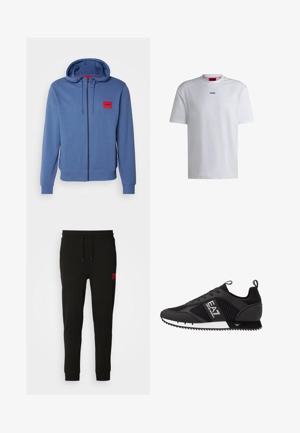 Hugo Zip-Hoodie in Hellblau. Mit einem roten Logopatch, Kordelzugkapuze und gerippten Bündchen. Weiches Material mit glatter Oberfläche.; Weißes Baumwoll-T-Shirt mit kurzen Ärmeln, rundem Halsausschnitt und einem schwarzen "HUGO"-Logo auf der Brust. Glatte Textur, lässige Passform, kein Muster.; Schwarze Sweatpants aus weichem Stoff, mit einem Kordelzugbund, schmaler Passform und einem rotenLOGO-Patch am linken Oberschenkel.; EA7 Emporio Armani Sneaker low - black/white
