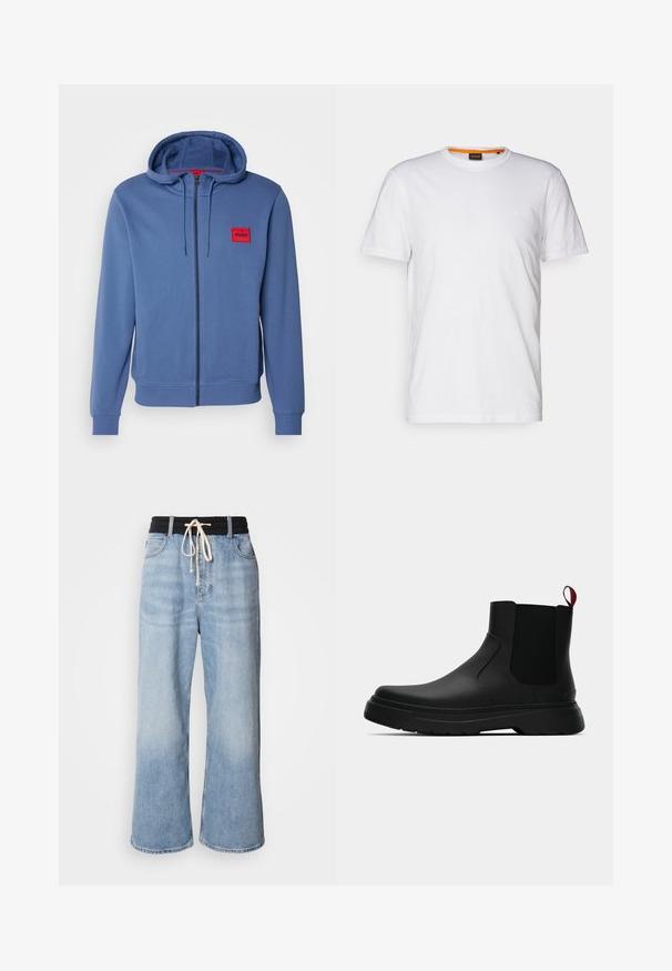 Hugo zip-up hettegenser i lyseblå. Har en rød logo-patch, snorhette og ribbede mansjetter. Myk stoff med en jevn tekstur.; Hvit t-skjorte av bomull med rund hals, korte ermer og en subtil preget logo på brystet. Innvendig etikett har en oransje aksent.; Lyseblå vide jeans med svart elastisk midje, som har snøring og klassisk fem-lommers design.; Sorte ankelstøvler med en glat overflade, elastiske sidepaneler og en kontrastfyldt rød trækflik, med en tykk gummisål og rund tå.