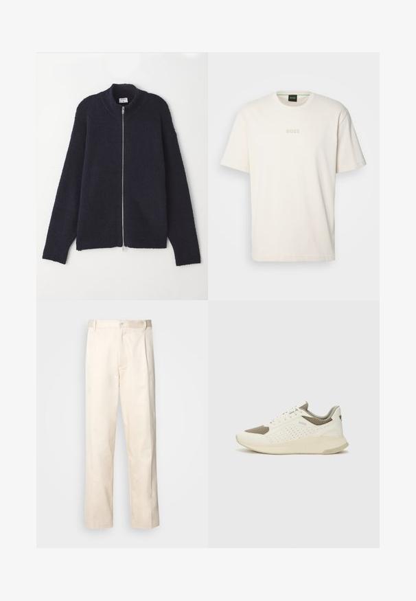 Tumesinine kapuutsiga kampsun tekstuuriga kudumise mustriga, ribakoes krae ja pihikud, mugav lõige ja hõbedane tõmblukk.; BOSS TEE - Lihtne T-särk - open white; Beesidised puuvillased püksid sirge jala lõikega, mis on varustatud nööpkinnituse ja ees olevate voltidega, et lisada detaili.; Valge ja heledat beeži värvi spordijalats, millel on õhuke võrkmaterjal, perforatsioonidega detailid ning tekstuuriga vahetald, millel on brändi logo kannaosas.