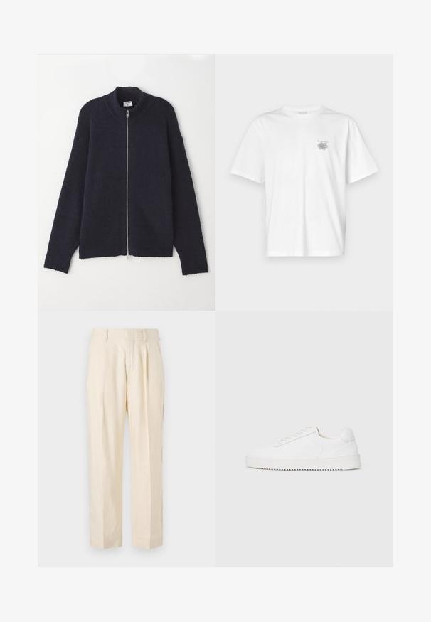 Navy zip-up sweater with a textured knit pattern, ribbed collar and cuffs, relaxed fit, and silver zipper.; White t-shirt made of cotton featuring short sleeves, a crew neck, and a small gray logo on the left chest area. Smooth texture.; NN.07 KAY - Trousers - off white; White sneaker with a smooth leather upper, rounded toe, laces, textured side accents, and a thick rubber sole. Minimalist design.