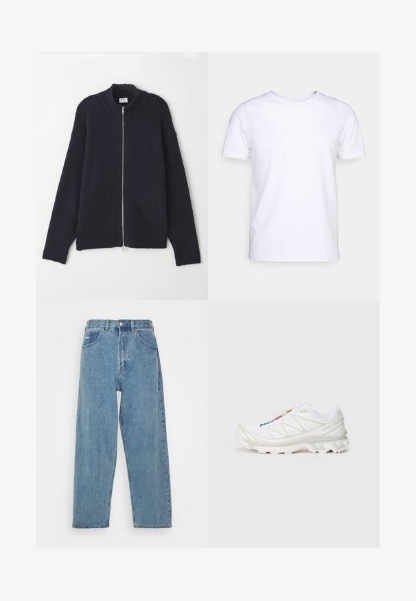 Jūras spēku zilas krāsas zip-up džemperis ar teksturētu adījuma rakstu, ribotām apkaklēm un piedurknēm, brīvas formas piegriezumu un sudraba rāvējslēdzēju.; Balts īsām piedurknēm T-krekls no kokvilnas auduma ar apaļu kakla izgriezumu. Vienkāršs dizains bez rakstiem vai akcentiem. Gluda tekstūra.; Gai zilo denima džinsu bikses ar augstu vidukli, brīvu piegriezumu, divām priekšējām kabatām, aizmugurējo kabatu un pogu aizdari.; Balti sporta apavi ar teksturētu sietu augšdaļu, atstarojošiem akcentiem un mīkstu zoli. Izteikts zīmola logotips sānos.