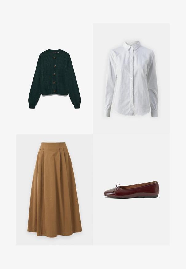 Cardigan en tricot vert foncé avec un col rond, doté de six grands boutons marron et de poignets ainsi qu'un ourlet côtelés.; Chemise blanche à manches longues en coton lisse, dotée d'un col classique et d'un ourlet arrondi. Les boutons sont petits et blancs.; Jupe A-line en coton brun avec taille haute, dotée de plis sur le devant et d'une texture lisse. Les finitions de l'ourlet sont nettes et simples.; Ballerines en cuir verni bordeaux avec un bout rond, un petit nœud décoratif à l'avant et une semelle en caoutchouc noire basse. Texture lisse.