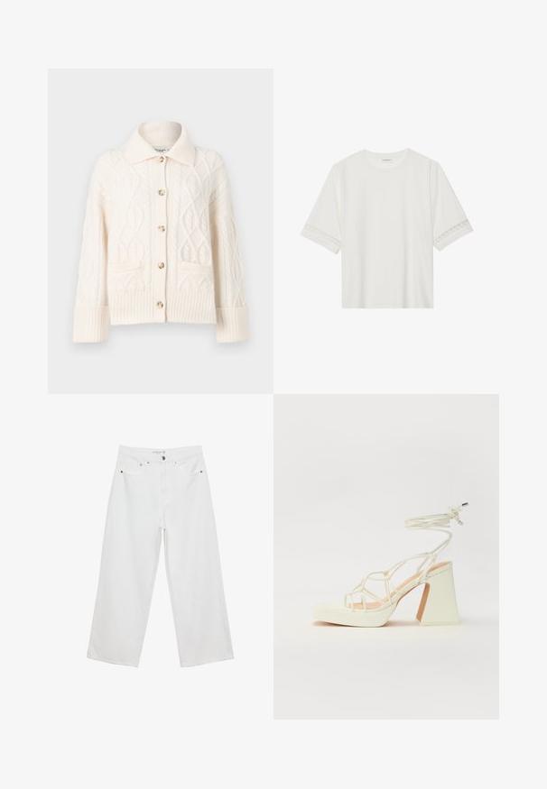 Cardigan lavorato a maglia color crema con intricati motivi a treccia, colletto, chiusura a bottoni e polsini e orlo a coste.; T-shirt bianco a maniche corte in cotone, con bordi in pizzo decorativi lungo le maniche e scollo rotondo.; Jeans bianchi a gamba larga realizzati in denim con vita alta, dotati di cinque tasche e dettagli in metallo. Texture liscia, senza motivi visibili.; Sandalo bianco con tacco alto, caratterizzato da un design a cinturini e un legaccio alla caviglia. Texture liscia con una piattaforma frontale per un'altezza aggiuntiva.