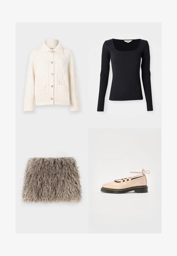 Cremfarbener, gestrickter Cardigan mit aufwendigen Zopfmuster, Kragenhals, Knopfverschluss sowie gerippten Bündchen und Saum.; Schwarzes, langärmliges Rippoberteil mit quadratischem Ausschnitt, aus dehnbarem Material, figurbetontem Design und einfarbig ohne Muster oder Verzierungen.; Faux-Fell-Clutch in Hellgrau mit einer flauschigen Textur. Rechteckige Form mit weichen, welligen Strähnen und ohne sichtbare Beschläge oder Akzente.; Helle rosa Leder-Schuh mit runder Zehenpartie, Schnürdetails und einer schwarzen Plattformsohle, die mit gelben Nähten akzentuiert ist.