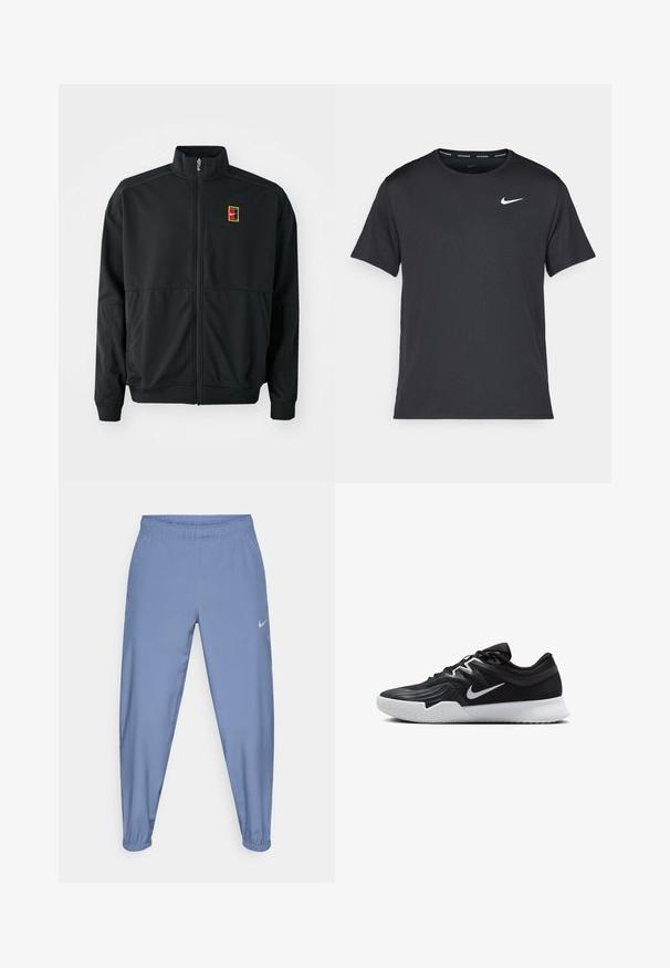 Black zip-up jacket with a high collar. Made of smooth, lightweight fabric, featuring a small multi-colored logo on the chest.; Black Nike running T-shirt made of lightweight, breathable material, featuring short sleeves and a small white logo on the chest.; Light blue athletic pants with an elastic waistband, tapered cuffs, and a small gray Nike logo on the left side. Smooth texture.; Black athletic shoe with a textured upper, white Nike swoosh, and a white rubber outsole. Features a lace-up design and dynamic shape.