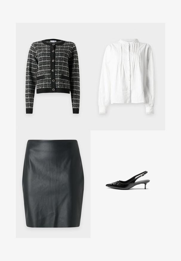 Cardigan a righe bianco e nero con scollatura rotonda, chiusura anteriore a bottoni, due tasche e polsini a costine, realizzato in tessuto testurizzato.; Blusa bianca a maniche lunghe con colletto a stand, pieghe verticali sul davanti, chiusura con bottoni e polsini rifiniti in pizzo.; Gonna mini in finta pelle nera con texture liscia, vestibilità slim e taglio dritto. Nessun hardware o embellimento visibile.; Tacchi slingback in pelle nera con punta affusolata, piccolo tacco kitten e un dettaglio a nodo decorativo sulla parte anteriore. Texture liscia su tutta la superficie.