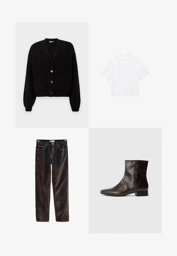 Cardigan negru tricotat cu guler în V, mâneci lungi, patru nasturi în față și două buzunare frontale. Design texturat cu model canal în întreaga țesătură.; Tricou alb din bumbac, cu mânecă scurtă și guler rotund. Design simplu, croială lejeră, textură fină. Nu sunt vizibile modele sau accente.; Pantaloni drepți din cocolino maro, cu cinci buzunare, cusături contrastante și închidere cu nasture la talie. Textură moale, cu un model canelat.; Gheata maro din piele cu vârf ascuțit, textură netedă, toc mediu și design simplu. Stil minimalist, fără ornamente.