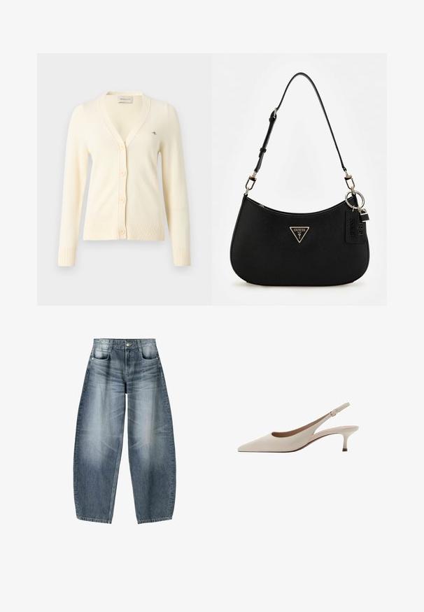 Cremfarbener Cardigan aus weichem Strickmaterial, mit V-Ausschnitt, fünf Knöpfen, gerippten Bündchen und einem kleinen Logo auf der linken Seite.; Ein schlichtes, weißes T-Shirt aus Baumwolle mit rundem Halsausschnitt, kurzen Ärmeln und lockerer Passform. Glatte Textur ohne Muster oder Akzente.; Weite Jeans aus hellblauem Denim mit Ausbleichungen, im fünf-Taschen-Design, mit Knopfverschluss und minimalen Nähtelementen.; Beige Slingback-Absatzschuhe mit spitzer Zehenform und niedrigem, ausgestellten Absatz. Hergestellt aus glattem Leder mit einem minimalistischen Design und verstellbarem Riemen.; Schwarze synthetische Schultertasche mit geschwungenem Silhouette, strukturiertem Finish, goldenem Dreiecks-Logo und abnehmbaren Hardware-Akzenten.