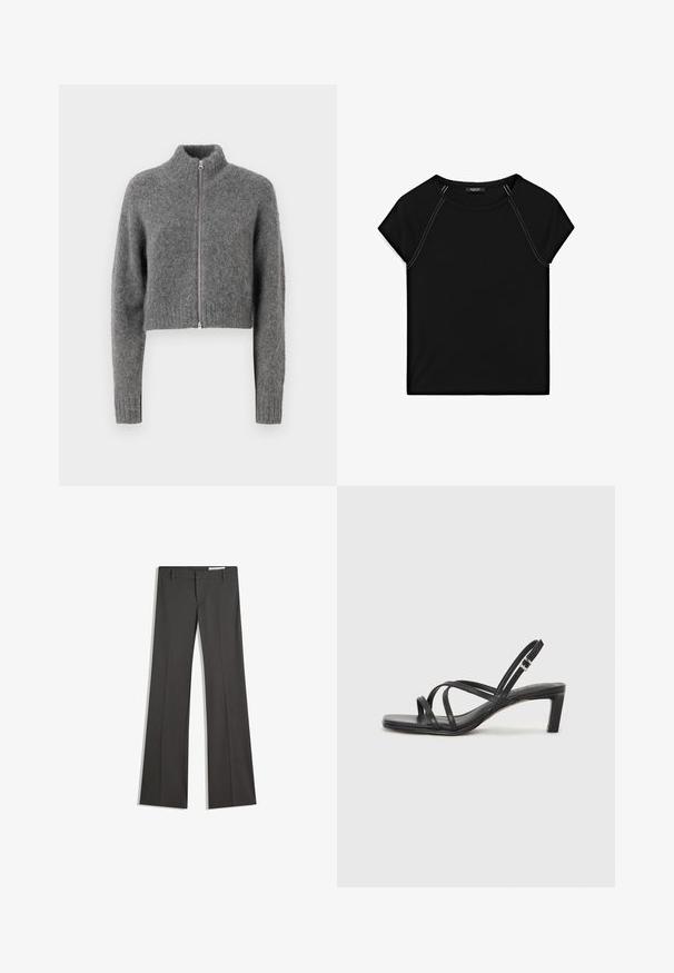 Samsøe Samsøe JEANNE szary; Czarny top z krótkim rękawem z okrągłym dekoltem i kontrastowym białym szyciem wzdłuż ramion i boków. Miękka, gładka tkanina.; Szare spodnie w fasonie dzwonów, wykonane z gładkiego materiału, z płaskim przodem, paskami do paska oraz skrojonym krojem o czystych liniach.; Czarne sandały na obcasie z prostokątnym noskiem i niskim słupkowym obcasem. Posiadają wiele cienkich pasków i regulowany pasek na kostkę. Wykonane z gładkiej skóry.